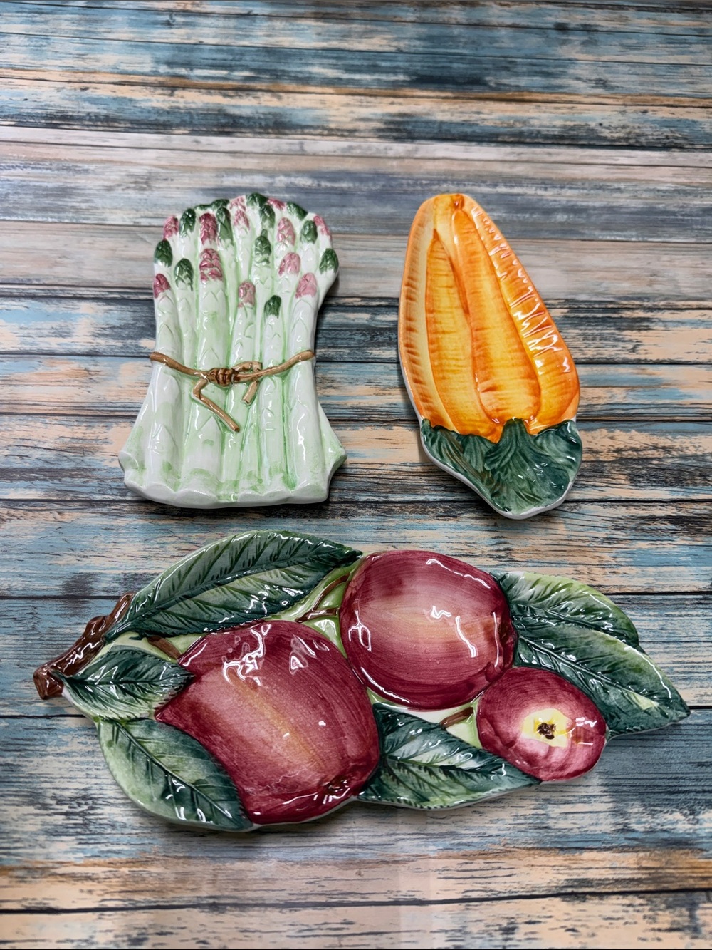 👑Set of 3 vintage ceramic spoon rests apple & vegetable designs made in Italy